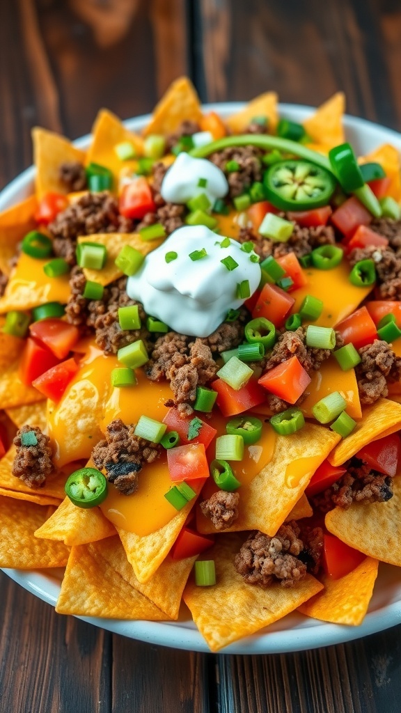 A colorful plate of loaded nachos with cheese, beef, tomatoes, jalapeños, sour cream, and guacamole.